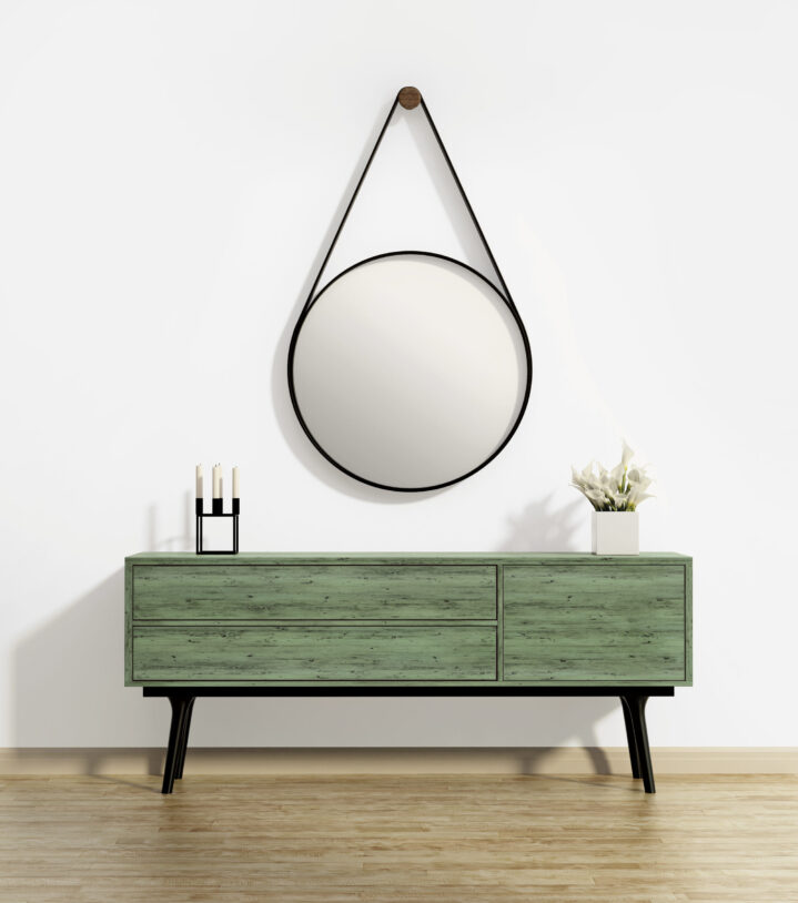Scandinavian console table with captain's round mirror